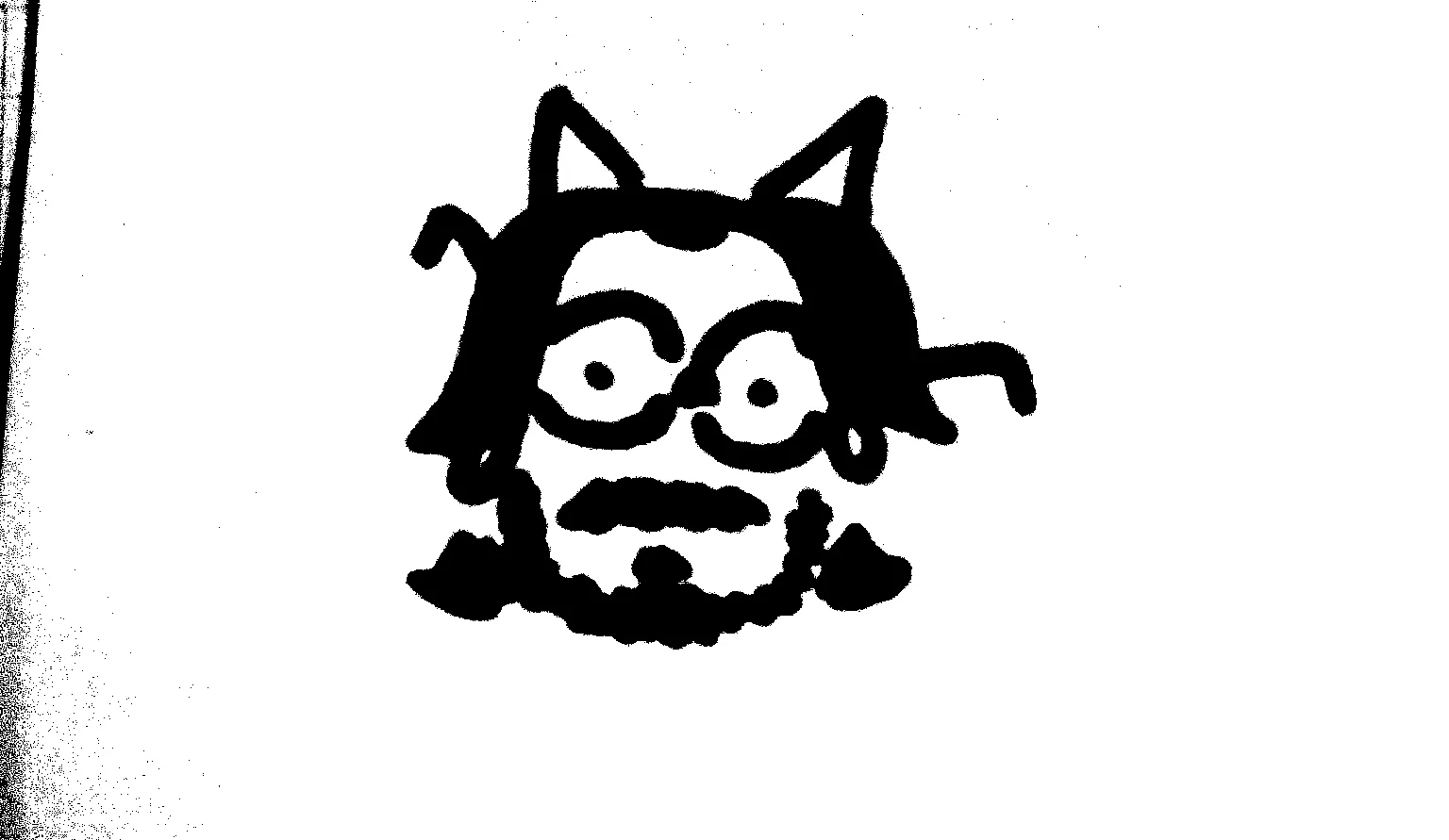 sharpie doodle of a bespectacled balding guy with a beard and triangles coming from his head that could be horns or cat ears