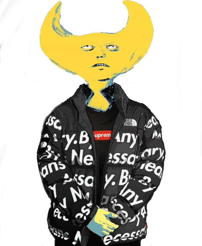 wayne from hylics dressed like a hype beast in a supreme tshirt and puffer jacket