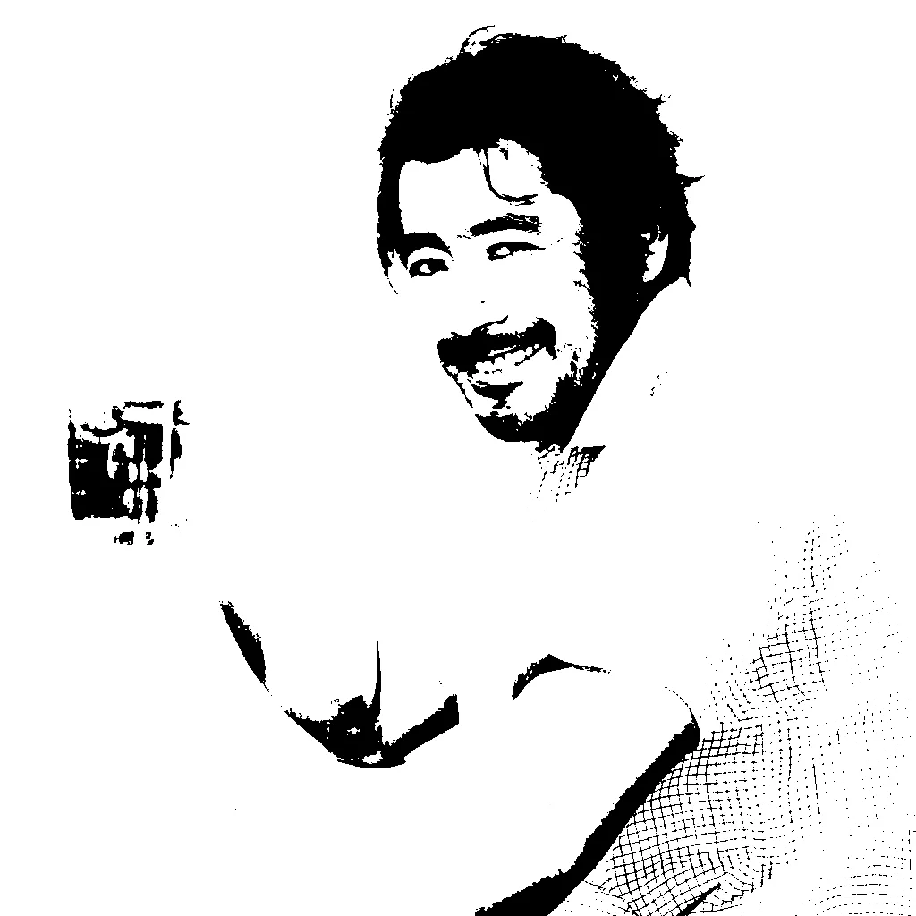 Japanese actor Toshiro Mifune photographed against a white background with a heartthrob smile and holding what could be a glass of beer, but it's hard to tell because the photo is black and white