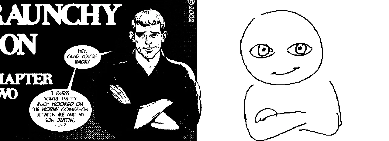 The first panel of "My Wild and Raunchy Son" by josman, an erotic incest webcomic, next to the "people with blue eyes be like" meme