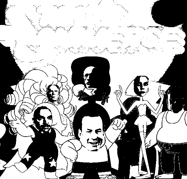 An illustration of characters from Steven Universe with the faces of the actors from Better Call Saul poorly pasted over their heads. The Steven Universe logo has been crudely painted to read SAUL UNIVERSE
