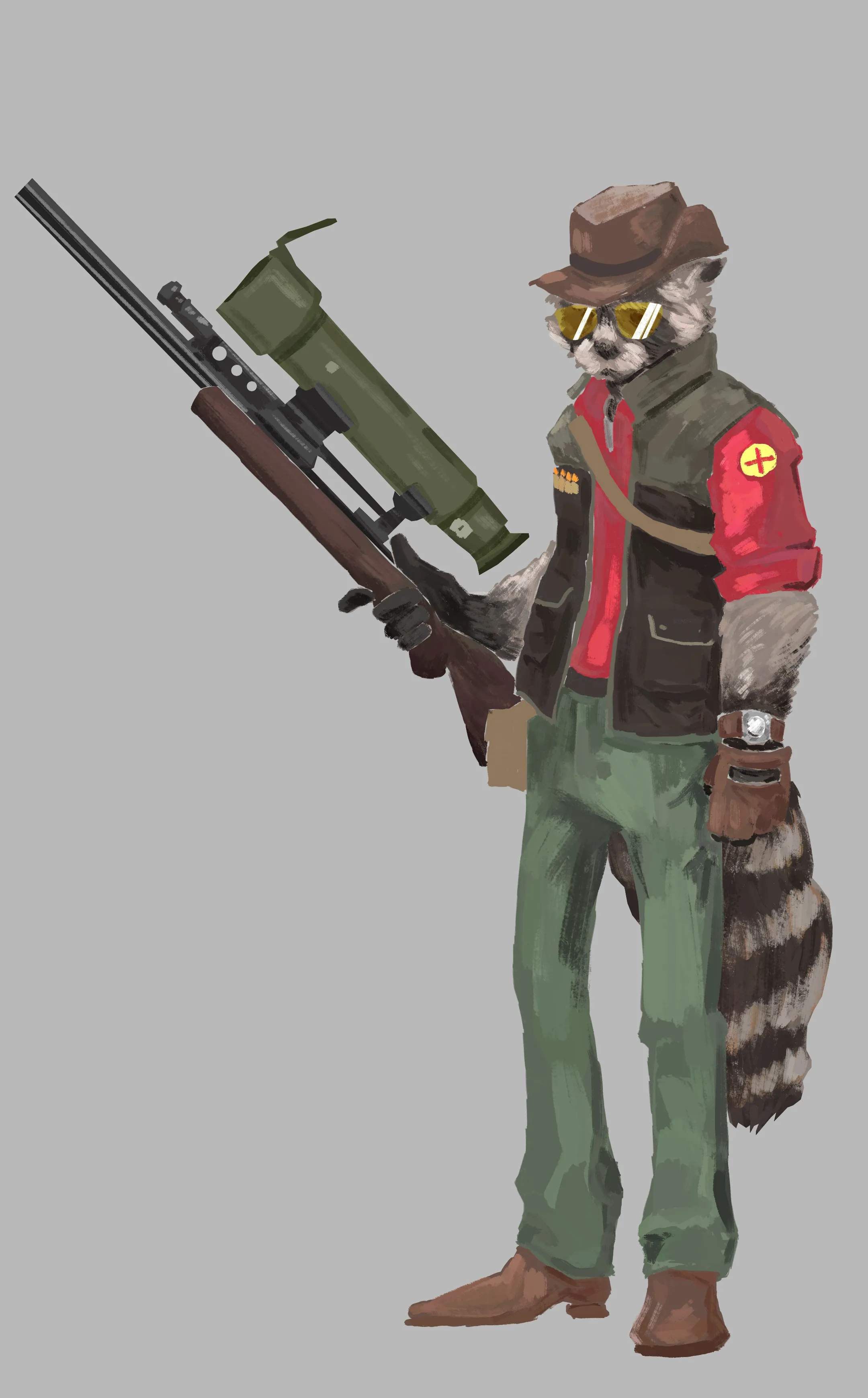 A painting of the sniper from TF2 as a cute and grumpy raccoon