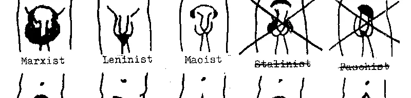 A poster with a grid of illustrated crotches where the pubes are groomed to look like various political leaders and symbols. "Marxist" has pubic hair that looks like Karl Marx; "Leninist" has Lenin's goatee on the ballsack, "Maoist" has Mao's hair, "Fascist" has a Hitler stache and so on.