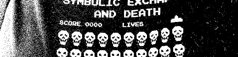 a t-shirt with _invaders_-style screenshot but the aliens are skulls. the text reads: "SYMBOLIC EXCHANGE AND DEATH; BY JEAN BAUDRILLARD"
