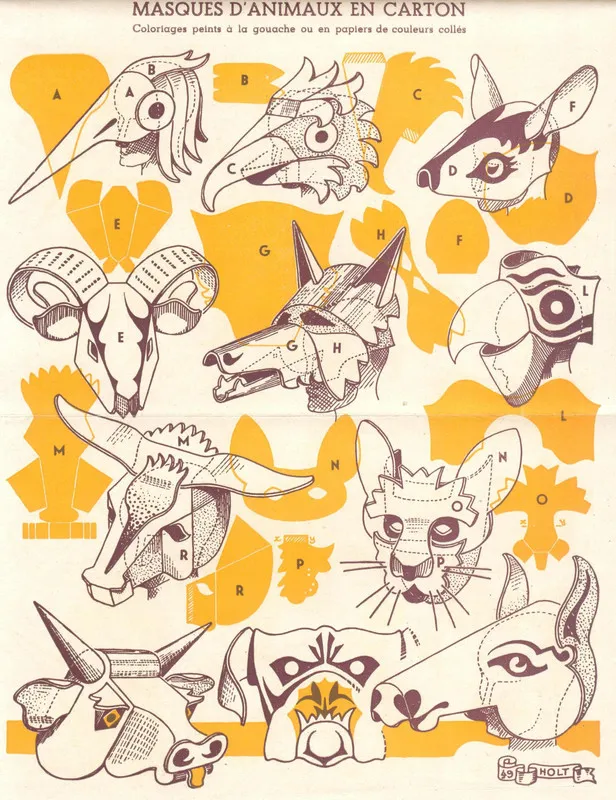 A page from a French papercrafts book showing various animal masks