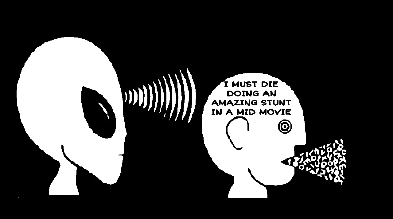 A grey-man style alien speaking into the mind of a brainwashed human, who then repeats what they're told, but the text has been overwritten read "THETAN FUCKERS TELEPATHICALLY INFLUENCE HUMANS; THE POWER OF XENU MIND IS THE POWER IN THE TOM CRUISE". Text in the mind of the brainwashed human (tom cruise) reads "I MUST DIE DOING AN AMAZING STUNT IN A MID MOVIE"