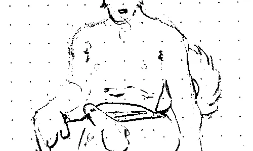 A seated anthro dog man pulling his shorts aside to display his erection