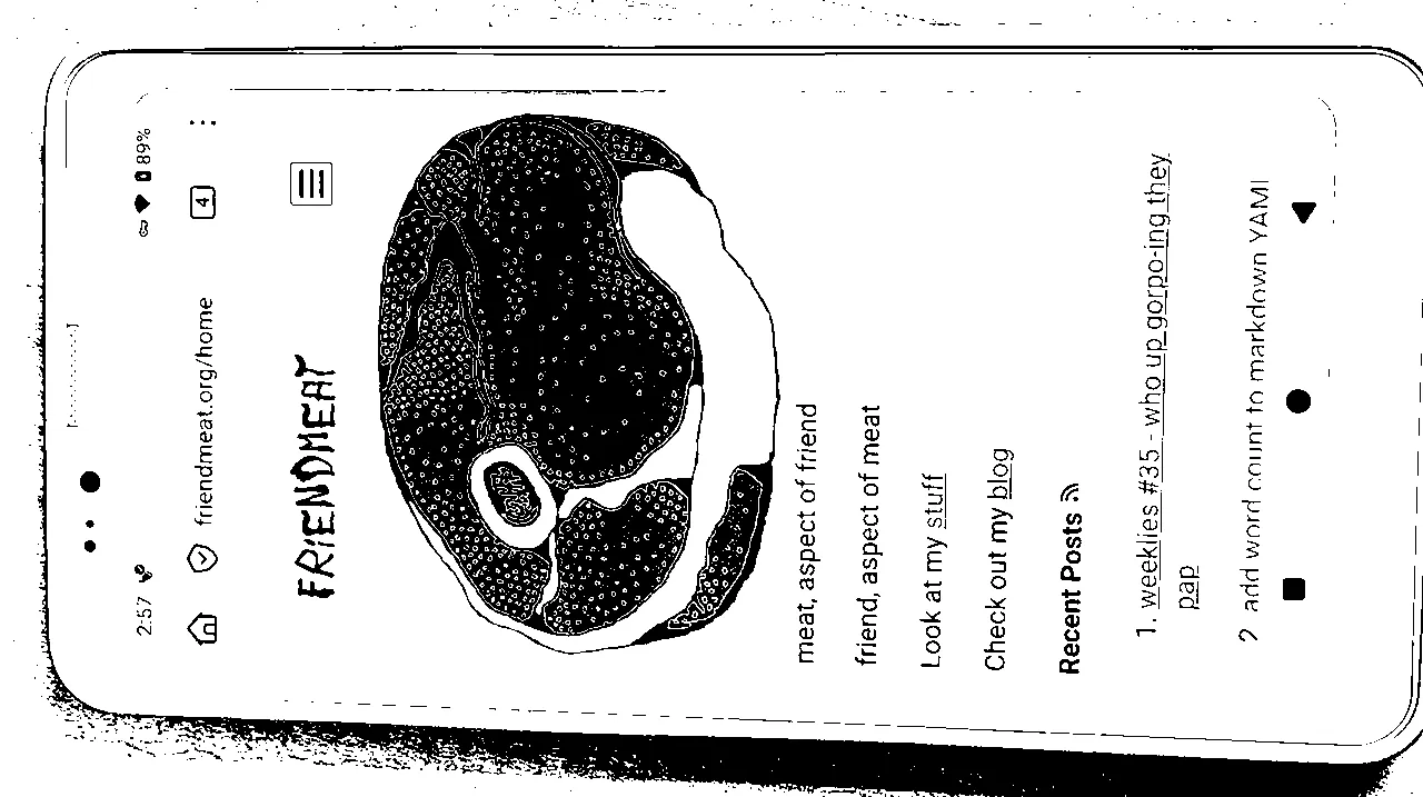 photo of an e-ink phone displaying the homepage from friendmeat.org