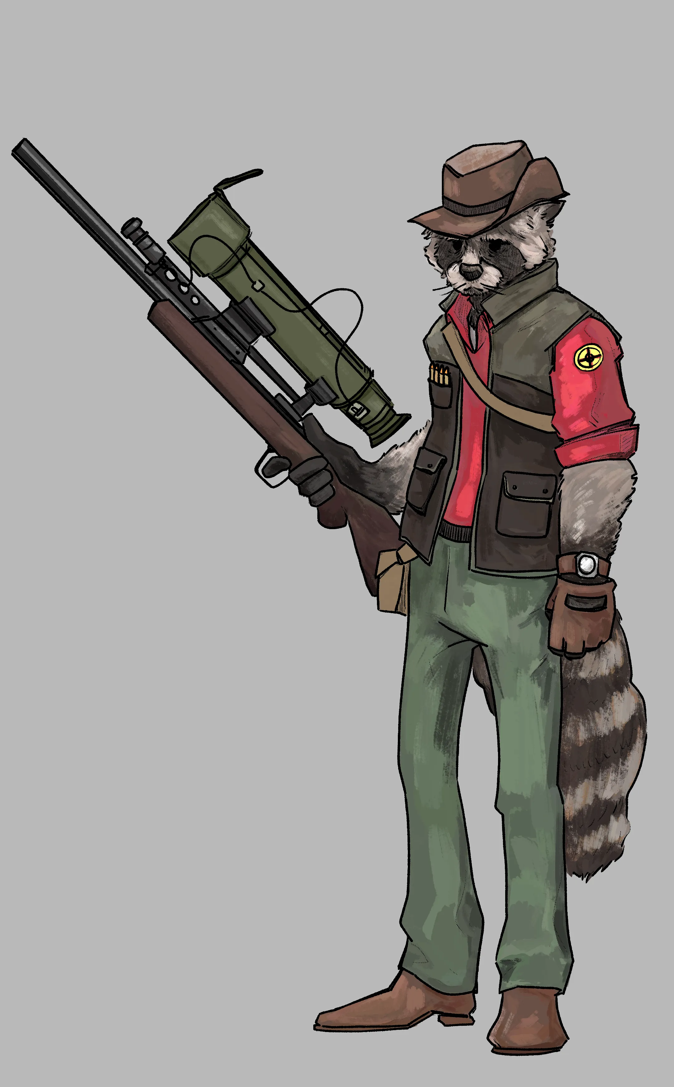 A painting of the sniper from TF2 as a cute and grumpy raccoon