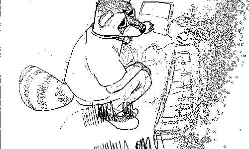 An anthro raccoon man kneeling over a midi keyboard and laptop
