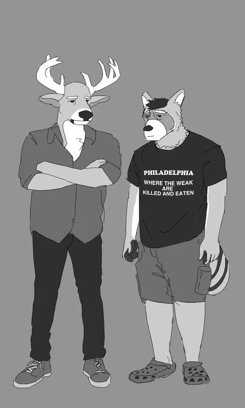 An anthro deer man and an anthro raccoon man standing side-by-side. The deer has his arms crossed and a tired expression. The raccoon has a shirt that says 'Philadelphia- Where the weak are killed and eaten'