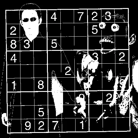 a sudoku puzzle superimposed over a collage of a bad neo - the matrix costume, abe sapien from hellboy, and the painting "Face-Off" by Xue Jiye