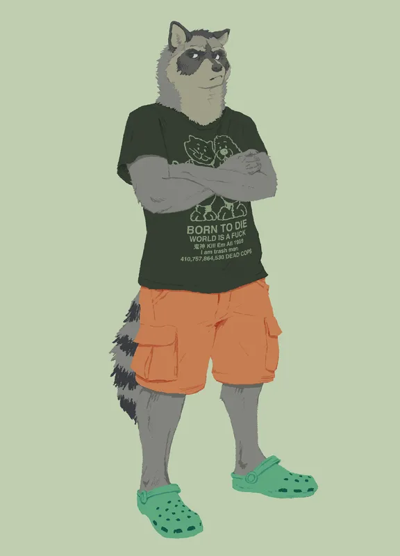 An anthro raccoon man crossing his arms and looking grumpy