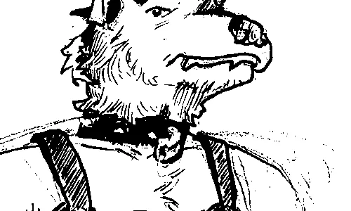 An anthro dog wearing a torso harness