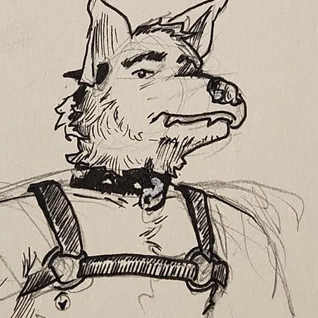 An anthro dog wearing a torso harness