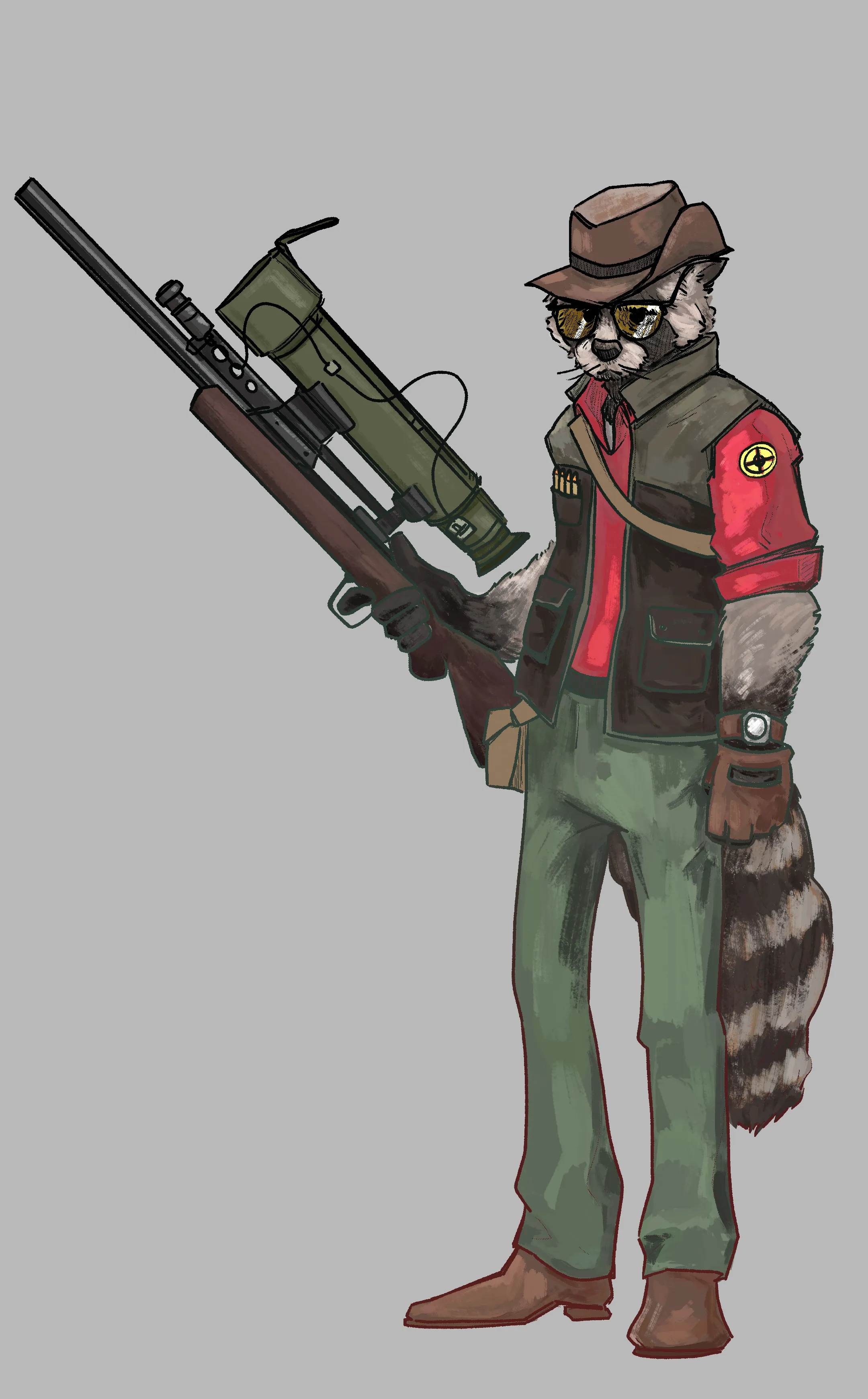 A painting of the sniper from TF2 as a cute and grumpy raccoon