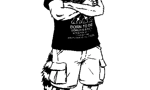 An anthro raccoon man crossing his arms and looking grumpy