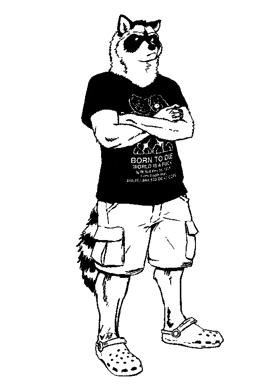An anthro raccoon man crossing his arms and looking grumpy