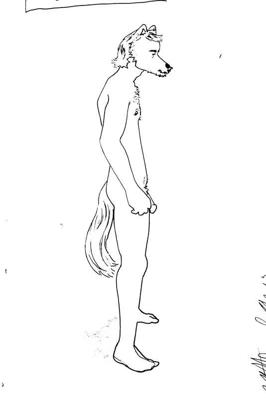 a sketch of Train, a lithe dog man, nude, seen in profile