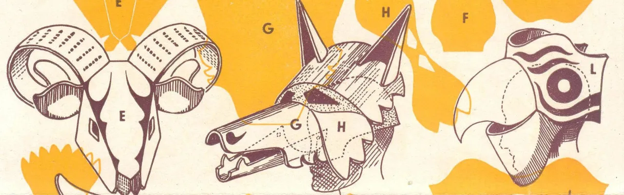 A page from a French papercrafts book showing various animal masks