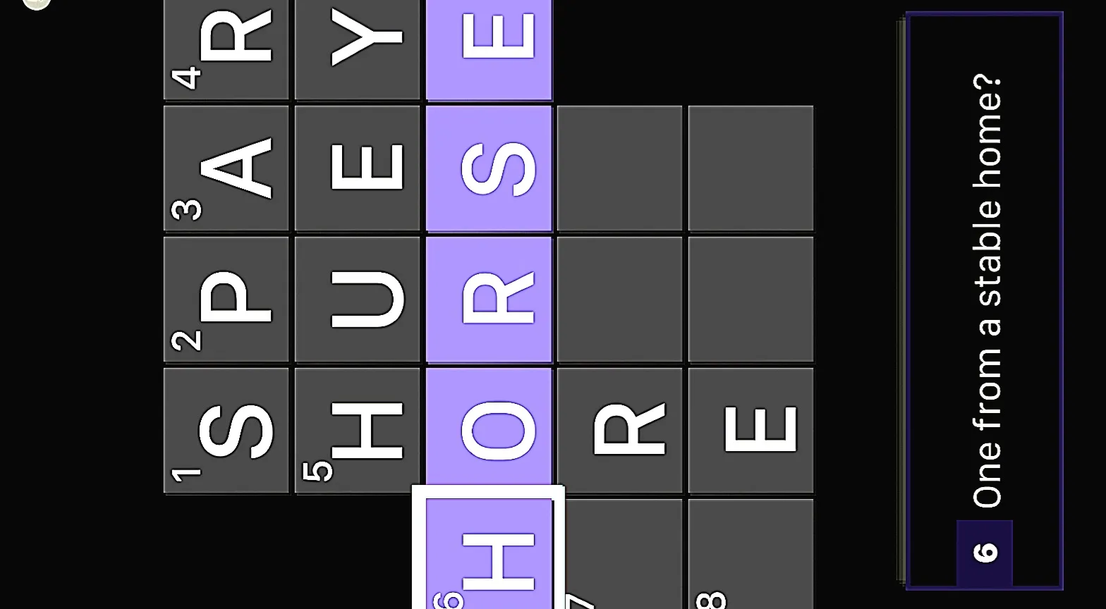 a screenshot of a crossword with the hint: "One from a stable home?". The answer is 'HORSE'