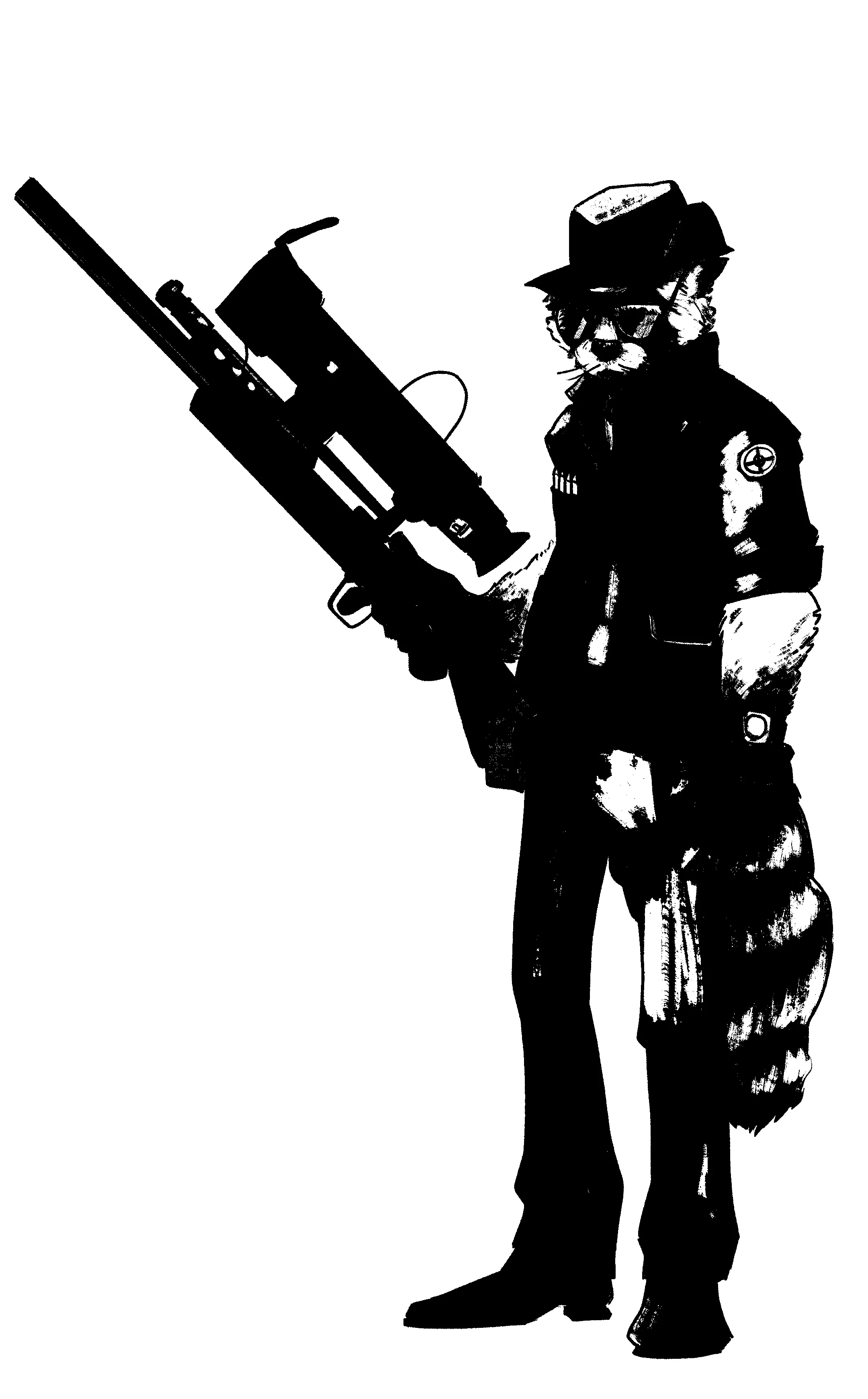 A painting of the sniper from TF2 as a cute and grumpy raccoon