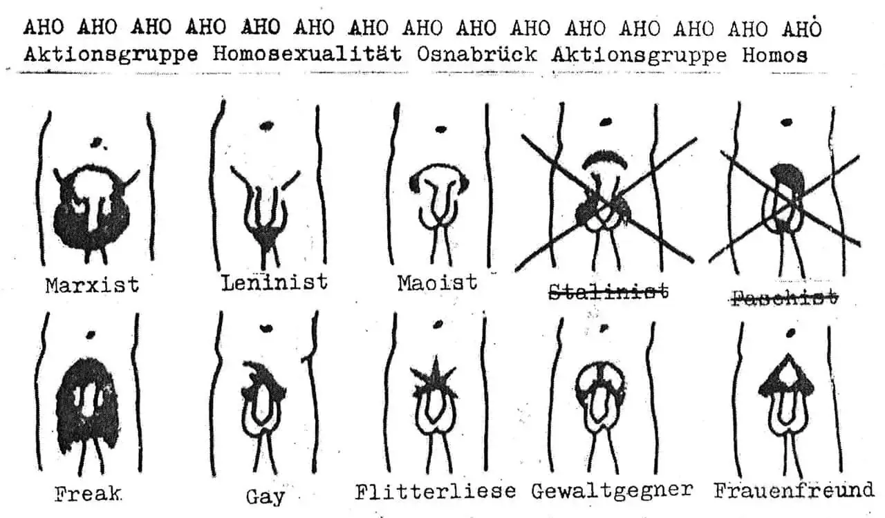 A poster with a grid of illustrated crotches where the pubes are groomed to look like various political leaders and symbols. "Marxist" has pubic hair that looks like Karl Marx; "Leninist" has Lenin's goatee on the ballsack, "Maoist" has Mao's hair, "Fascist" has a Hitler stache and so on.