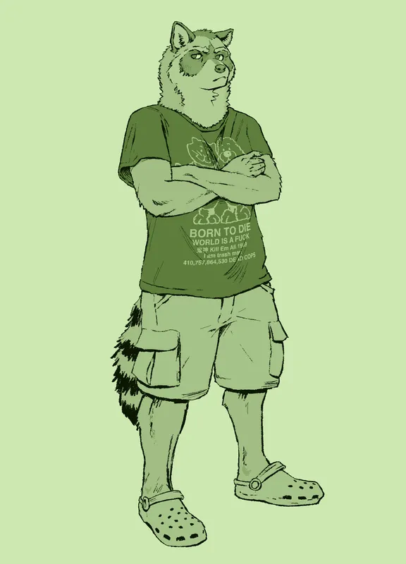 An anthro raccoon man crossing his arms and looking grumpy"