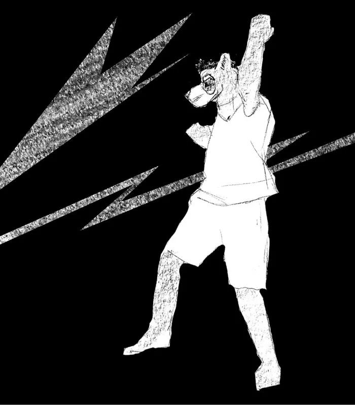 An anthro racoon man dancing with static in the background