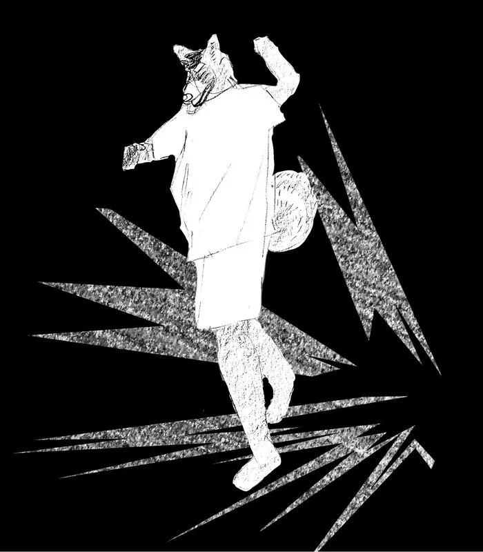 An anthro racoon man dancing with static in the background