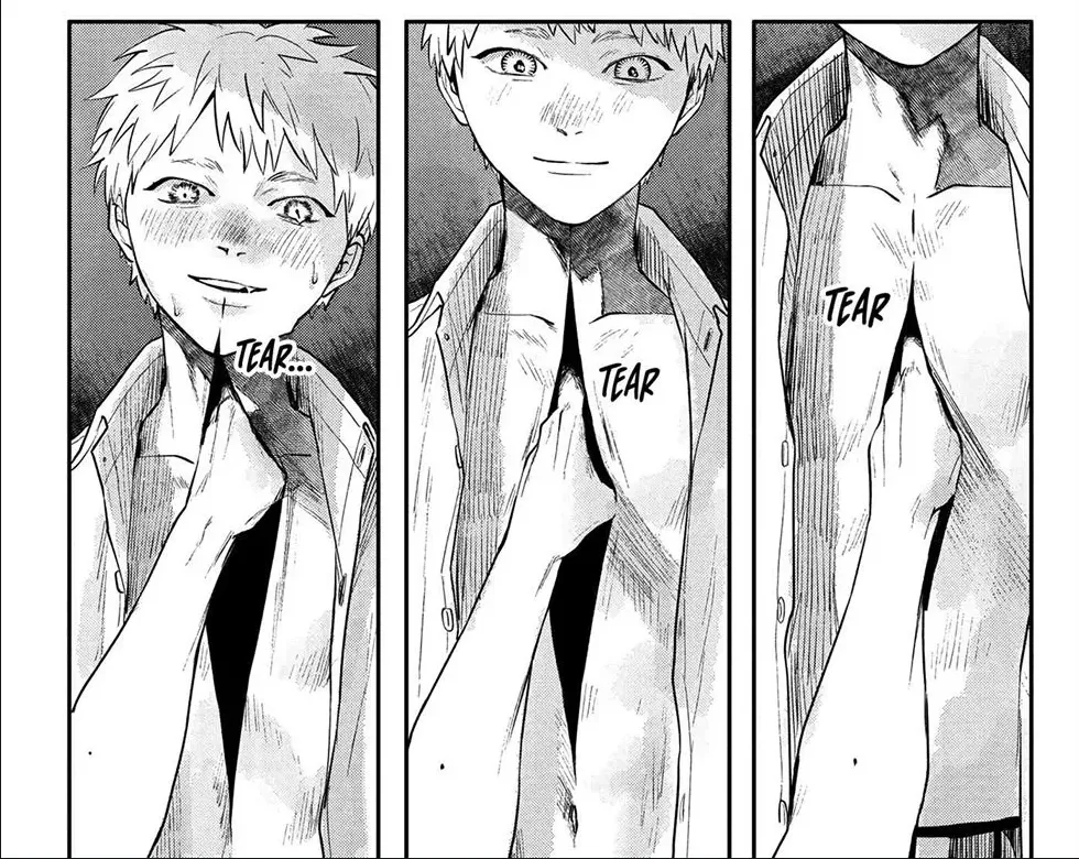 Panels from "The Summer Hikaru Died" manga, from right to left: a hand entering from the bottom of the frame enters a slit in an anime boy's chest, which expands at the hand moves upward towards his chin.