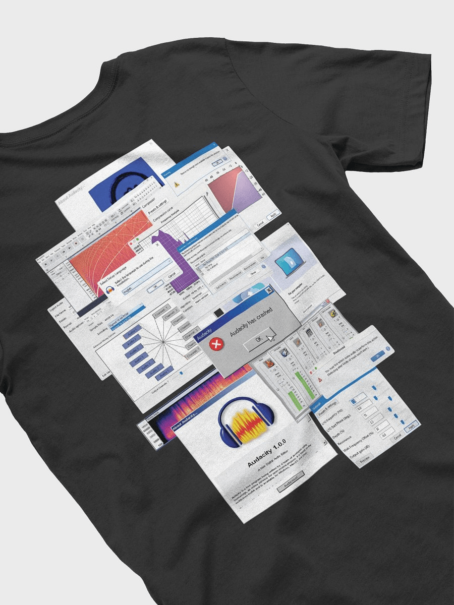 Product image of an audacity shirt. It has overlapping dialog boxes from like mixers and EQs, with "Audacity has crashed" on the top.