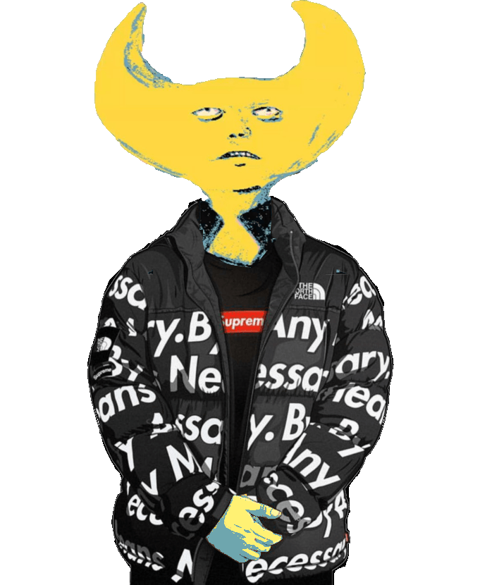 wayne from hylics dressed like a hype beast in a supreme tshirt and puffer jacket