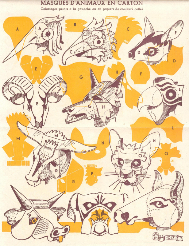 A page from a French papercrafts book showing various animal masks