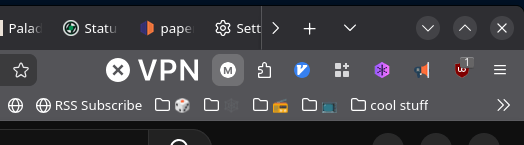 Screenshot of my Firefox toolbar where a bug has made Mozilla's new 'free' VPN button twice as big as everything else