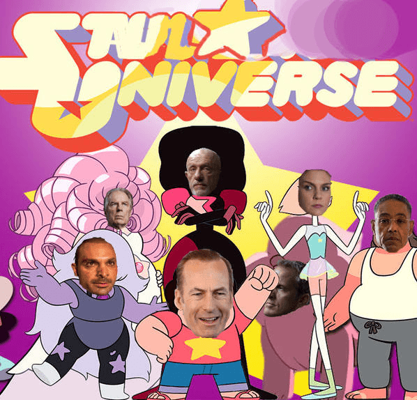 An illustration of characters from Steven Universe with the faces of the actors from Better Call Saul poorly pasted over their heads. The Steven Universe logo has been crudely painted to read SAUL UNIVERSE