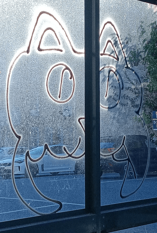 Graffiti on a bus stop that looks like a cross between a cat and a headcrab from Half-Life
