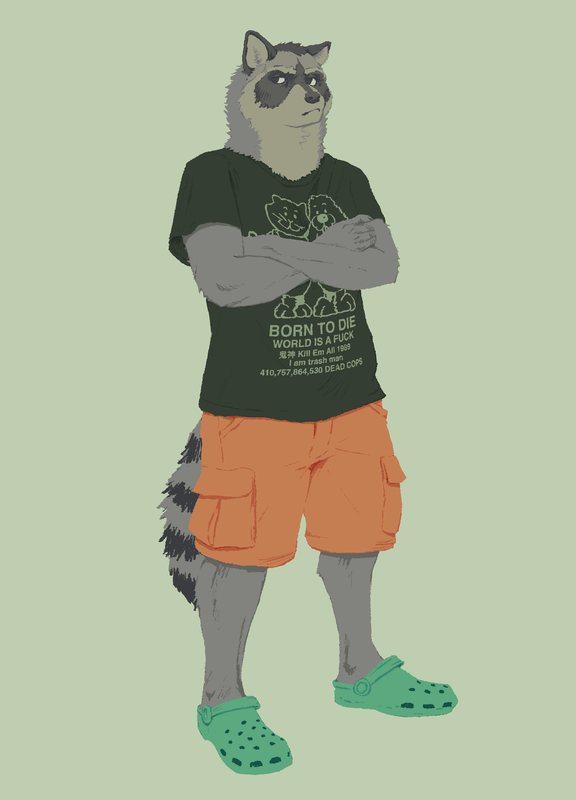 An anthro raccoon man crossing his arms and looking grumpy