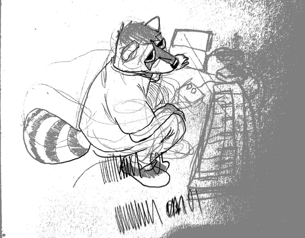 An anthro raccoon man kneeling over a midi keyboard and laptop