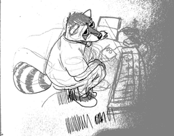 An anthro raccoon man kneeling over a midi keyboard and laptop
