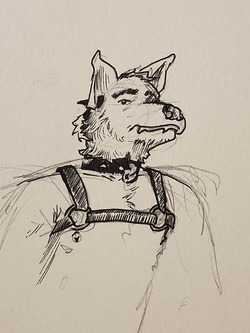 An anthro dog wearing a torso harness