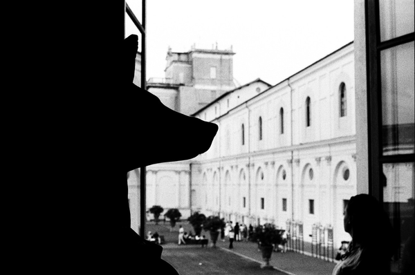 A Hermanubis in profile against a view of the Vatican Museum