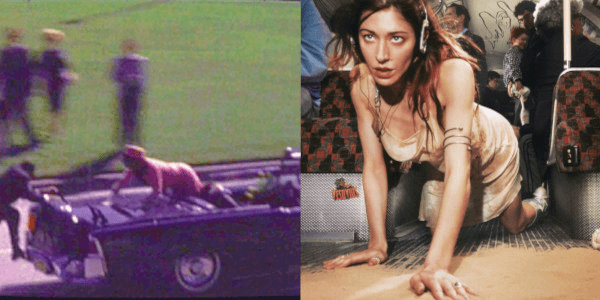 The cover of Desire I Want To Turn In To You next to a still of the Zapruder Film