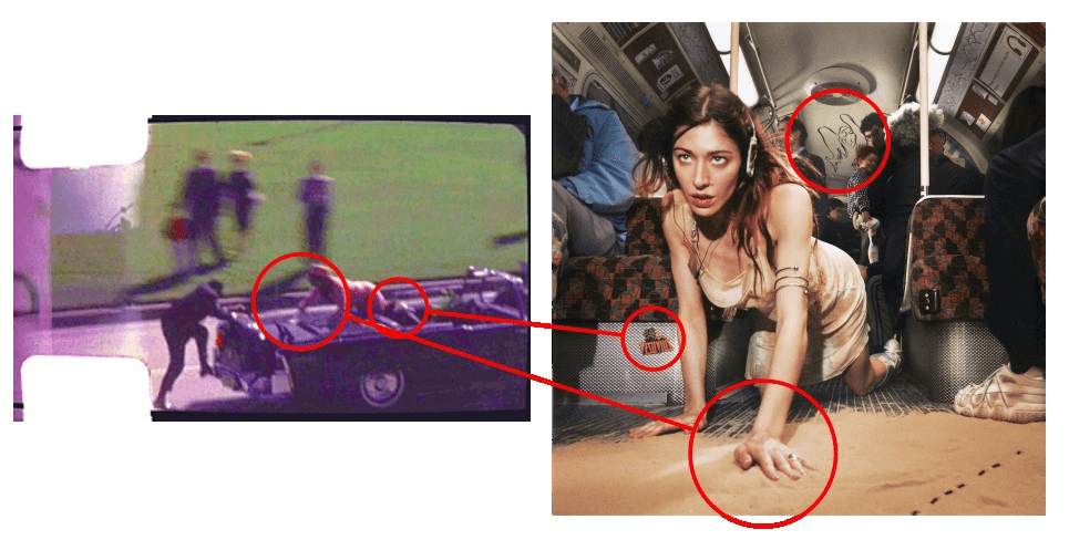 The cover of Desire I Want To Turn In To You next to a still of the Zapruder Film